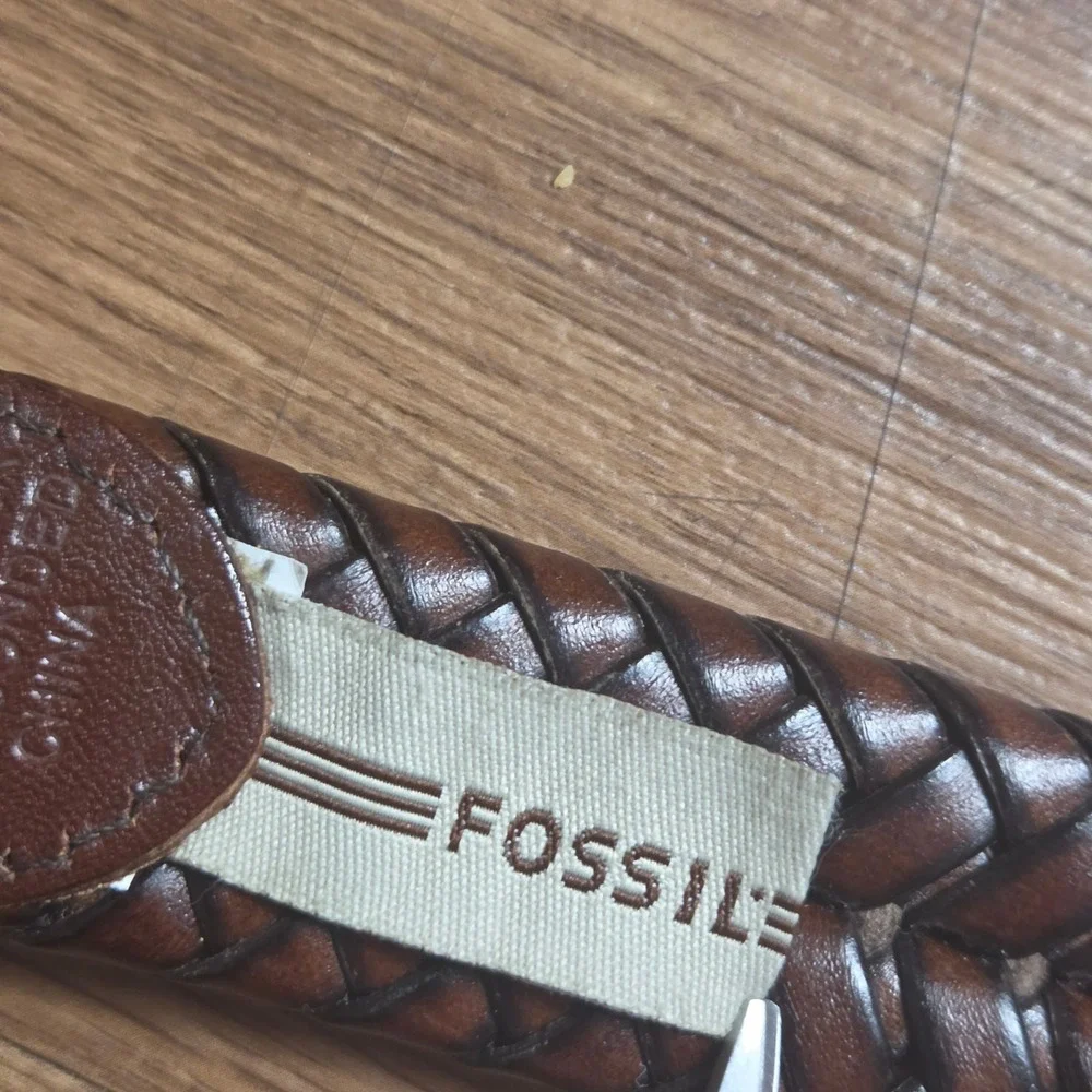 Fossil Braided Leather Belt 34 Brass Gold Tone Buckle MB3040200 Cottage Rustic